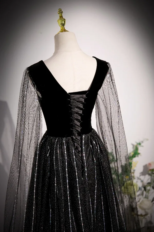 Bling Bling Black Beading Pearl Rhinestone Sequins Lace Flower Prom Dresses 2023 A-Line / Princess V-Neck Sleeveless Backless Floor-Length / Long