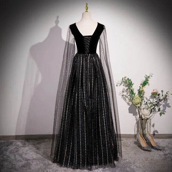 Bling Bling Black Beading Pearl Rhinestone Sequins Lace Flower Prom Dresses 2023 A-Line / Princess V-Neck Sleeveless Backless Floor-Length / Long