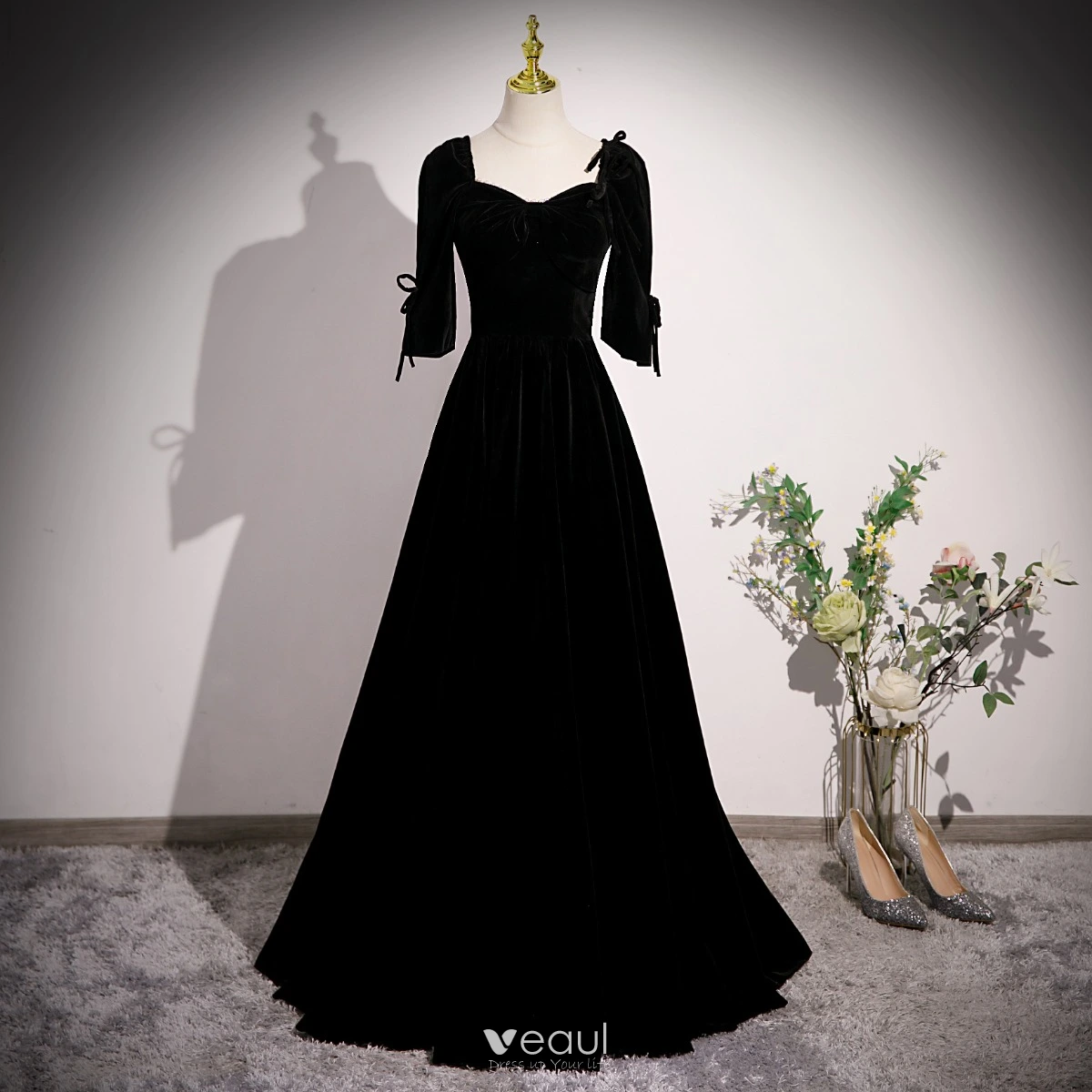 Elegant Black Pearl Velvet Prom Dresses 2023 A-Line / Princess Square Neckline Bow 3/4 Sleeve Backless Floor-Length / Long Formal Dresses
