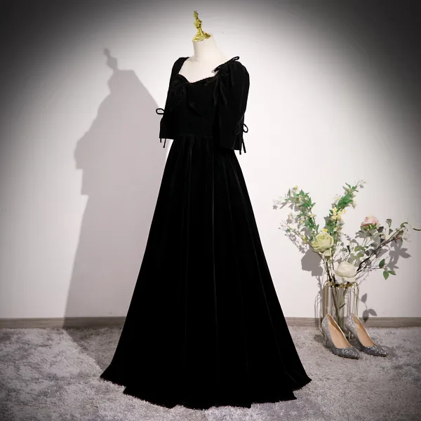 Elegant Black Pearl Velvet Prom Dresses 2023 A-Line / Princess Square Neckline Bow 3/4 Sleeve Backless Floor-Length / Long Formal Dresses