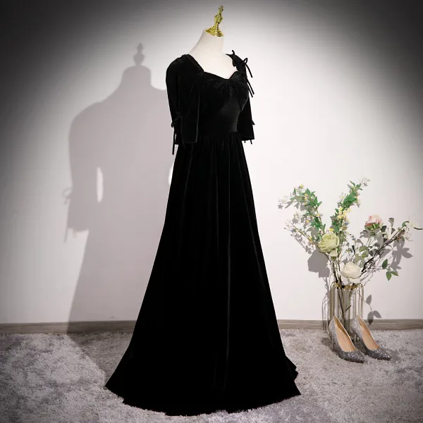 Elegant Black Pearl Velvet Prom Dresses 2023 A-Line / Princess Square Neckline Bow 3/4 Sleeve Backless Floor-Length / Long Formal Dresses