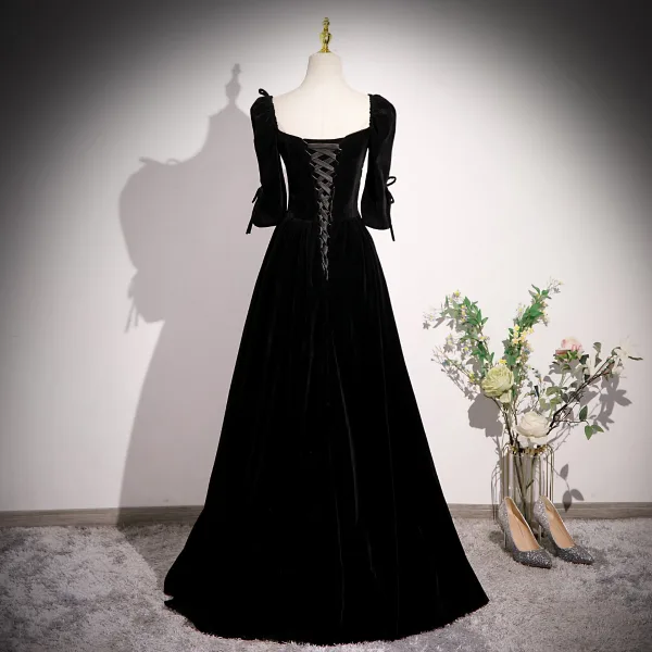 Elegant Black Pearl Velvet Prom Dresses 2023 A-Line / Princess Square Neckline Bow 3/4 Sleeve Backless Floor-Length / Long Formal Dresses