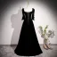 Elegant Black Pearl Velvet Prom Dresses 2023 A-Line / Princess Square Neckline Bow 3/4 Sleeve Backless Floor-Length / Long Formal Dresses