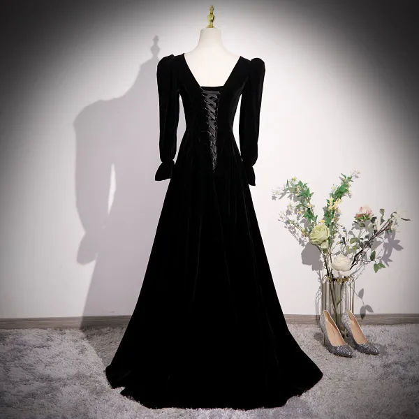 Vintage / Retro Black Pearl Rhinestone Velvet Prom Dresses 2023 A-Line / Princess Scoop Neck Long Sleeve Backless Floor-Length / Long Formal Dresses