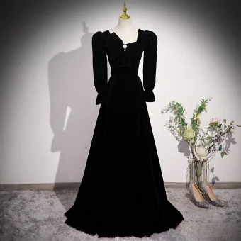 Vintage Originale Noire Perle Faux Diamant Velours Robe De Bal 2023 Princesse Encolure Dégagée Manches Longues Dos Nu Longue Robe De Ceremonie