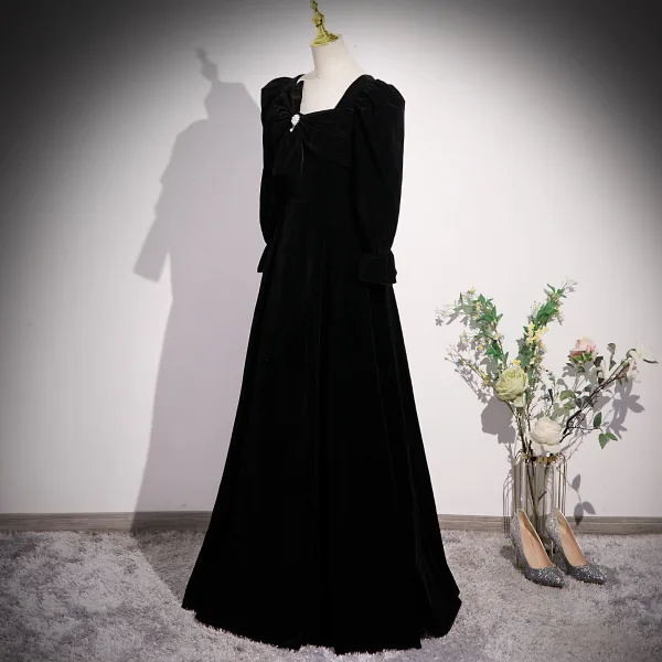 Vintage / Retro Black Pearl Rhinestone Velvet Prom Dresses 2023 A-Line / Princess Scoop Neck Long Sleeve Backless Floor-Length / Long Formal Dresses