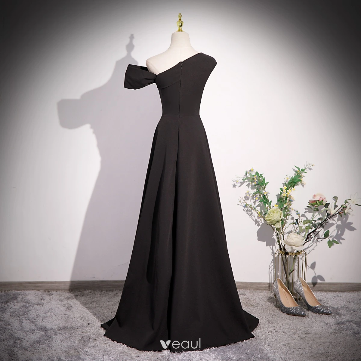 Modest / Simple Black Pearl Prom Dresses 2023 A-Line / Princess One-Shoulder  Short Sleeve Backless Floor-Length / Long Prom Formal Dresses