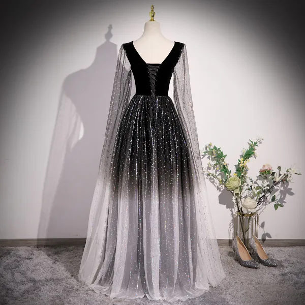 Bling Bling Schwarz Farbverlauf Strass Pailletten Ballkleider 2023 A Linie V-Ausschnitt Lange Ärmel Rückenfreies Lange Festliche Kleider