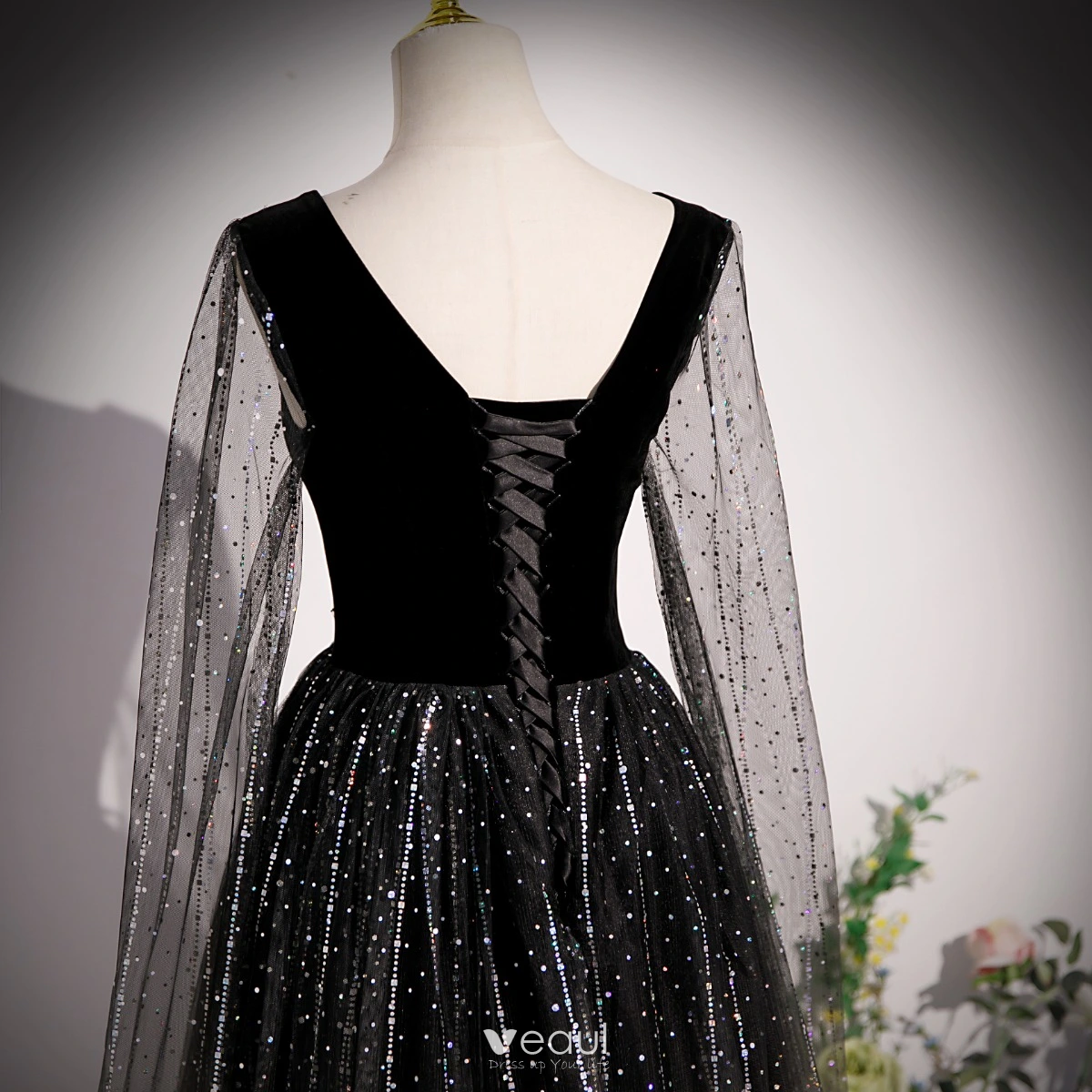 A-Line V Neck Black Lace Glitter Straps Corset Back Homecoming Dress -  Princessly