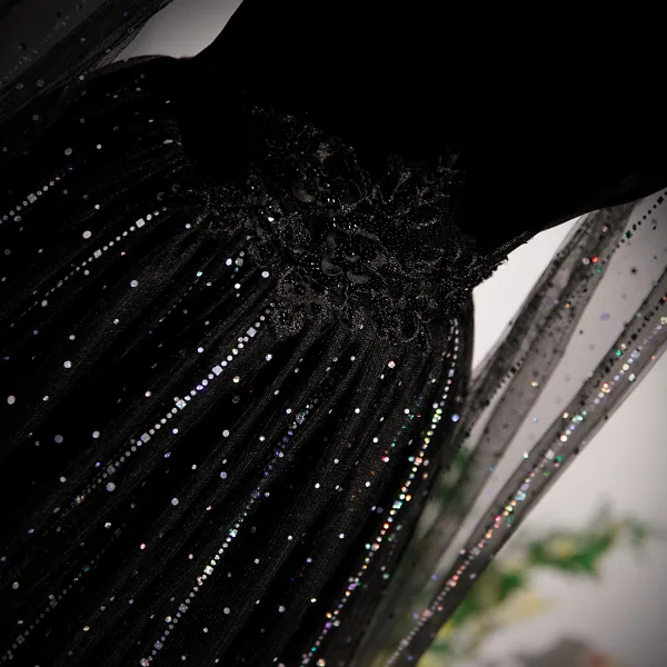 Bling Bling Schwarz Farbverlauf Strass Pailletten Ballkleider 2023 A Linie V-Ausschnitt Lange Ärmel Rückenfreies Lange Festliche Kleider