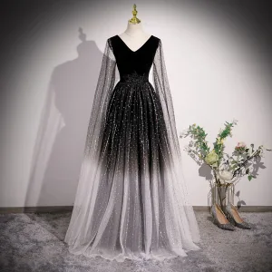 Bling Bling Noire Dégradé De Couleur Faux Diamant Paillettes Robe De Bal 2023 Princesse V Cou Manches Longues Dos Nu Longue Robe De Ceremonie