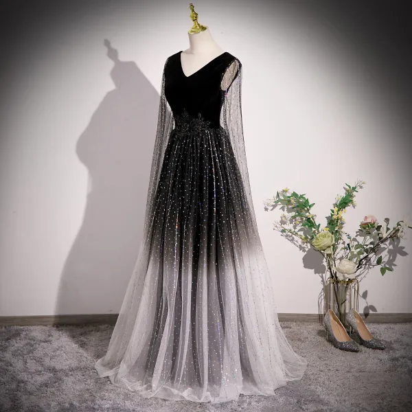 Bling Bling Schwarz Farbverlauf Strass Pailletten Ballkleider 2023 A Linie V-Ausschnitt Lange Ärmel Rückenfreies Lange Festliche Kleider