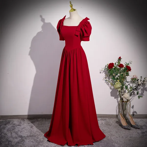 Modest / Simple Burgundy Prom Dresses 2023 A-Line / Princess Square Neckline Bow Short Sleeve Backless Floor-Length / Long Formal Dresses