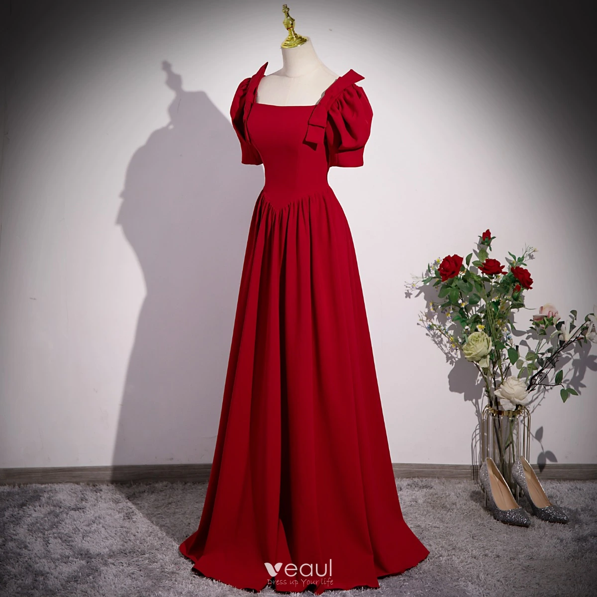 Modest / Simple Burgundy Prom Dresses 2023 A-Line / Princess Square  Neckline Bow Short Sleeve Backless Floor-Length / Long Formal Dresses