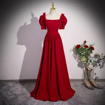 Modest Simple Burgundy Prom Dresses 2023 A Line Princess Square Neckline Bow Short Sleeve Backless Floor Length Long Formal Dresses