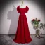Modest / Simple Burgundy Prom Dresses 2023 A-Line / Princess Square Neckline Bow Short Sleeve Backless Floor-Length / Long Formal Dresses