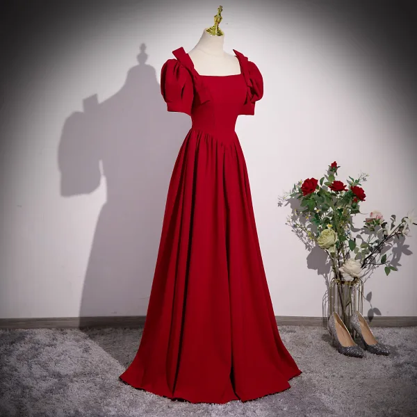 Modest / Simple Burgundy Prom Dresses 2023 A-Line / Princess Square Neckline Bow Short Sleeve Backless Floor-Length / Long Formal Dresses