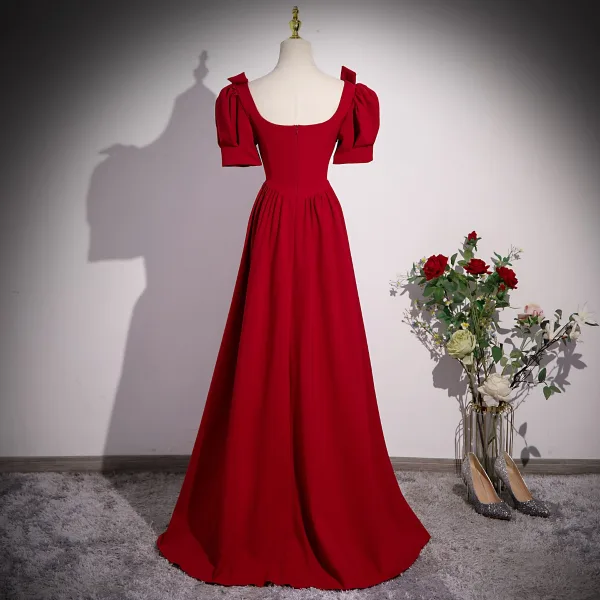 Modest / Simple Burgundy Prom Dresses 2023 A-Line / Princess Square Neckline Bow Short Sleeve Backless Floor-Length / Long Formal Dresses
