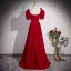 Modest / Simple Burgundy Prom Dresses 2023 A-Line / Princess Square Neckline Bow Short Sleeve Backless Floor-Length / Long Formal Dresses
