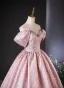 Elegant Blushing Pink Floor-Length / Long Prom Dresses 2024 Ball Gown Off-The-Shoulder Short Sleeve Backless Prom Formal Dresses