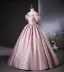Elegant Blushing Pink Floor-Length / Long Prom Dresses 2024 Ball Gown Off-The-Shoulder Short Sleeve Backless Prom Formal Dresses