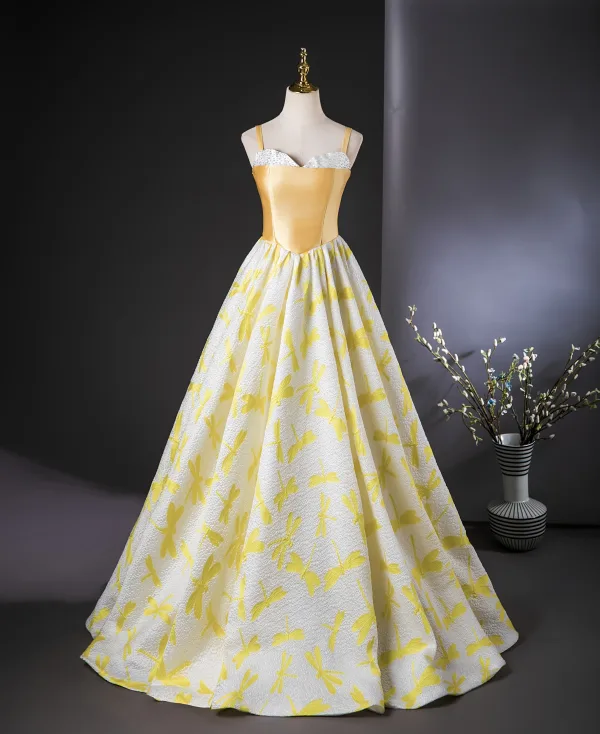 Chic / Beautiful Yellow Printing Prom Dresses 2024 Ball Gown Spaghetti Straps Sleeveless Backless Floor-Length / Long Prom Formal Dresses