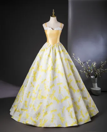 Chic Belle Jaune Impression Robe De Bal 2024 Robe Boule Bretelles Spaghetti Sans Manches Dos Nu Longue Promo Robe De Ceremonie