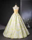 Chic / Beautiful Yellow Printing Prom Dresses 2024 Ball Gown Spaghetti Straps Sleeveless Backless Floor-Length / Long Prom Formal Dresses