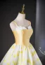 Chic / Beautiful Yellow Printing Prom Dresses 2024 Ball Gown Spaghetti Straps Sleeveless Backless Floor-Length / Long Prom Formal Dresses