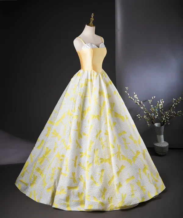 Chic / Beautiful Yellow Printing Prom Dresses 2024 Ball Gown Spaghetti Straps Sleeveless Backless Floor-Length / Long Prom Formal Dresses