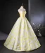 Chic / Beautiful Yellow Printing Prom Dresses 2024 Ball Gown Spaghetti Straps Sleeveless Backless Floor-Length / Long Prom Formal Dresses