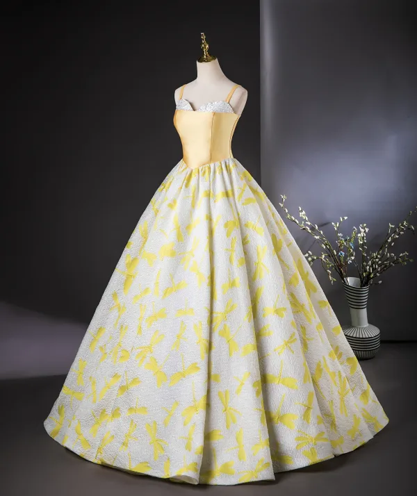 Chic / Beautiful Yellow Printing Prom Dresses 2024 Ball Gown Spaghetti Straps Sleeveless Backless Floor-Length / Long Prom Formal Dresses