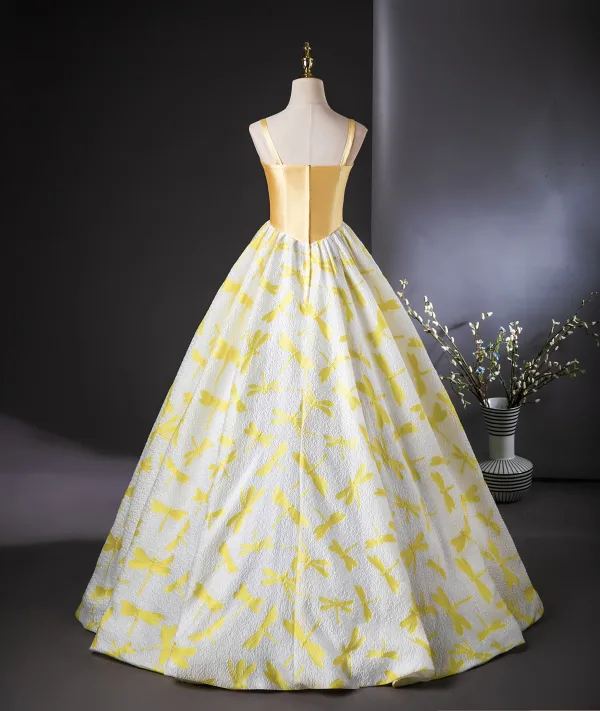Chic / Beautiful Yellow Printing Prom Dresses 2024 Ball Gown Spaghetti Straps Sleeveless Backless Floor-Length / Long Prom Formal Dresses