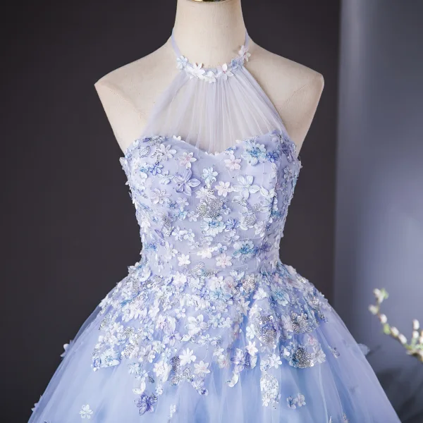 Chic / Beautiful Sky Blue Beading Appliques Prom Dresses 2024 A-Line / Princess Halter Sleeveless Backless Floor-Length / Long Prom Formal Dresses