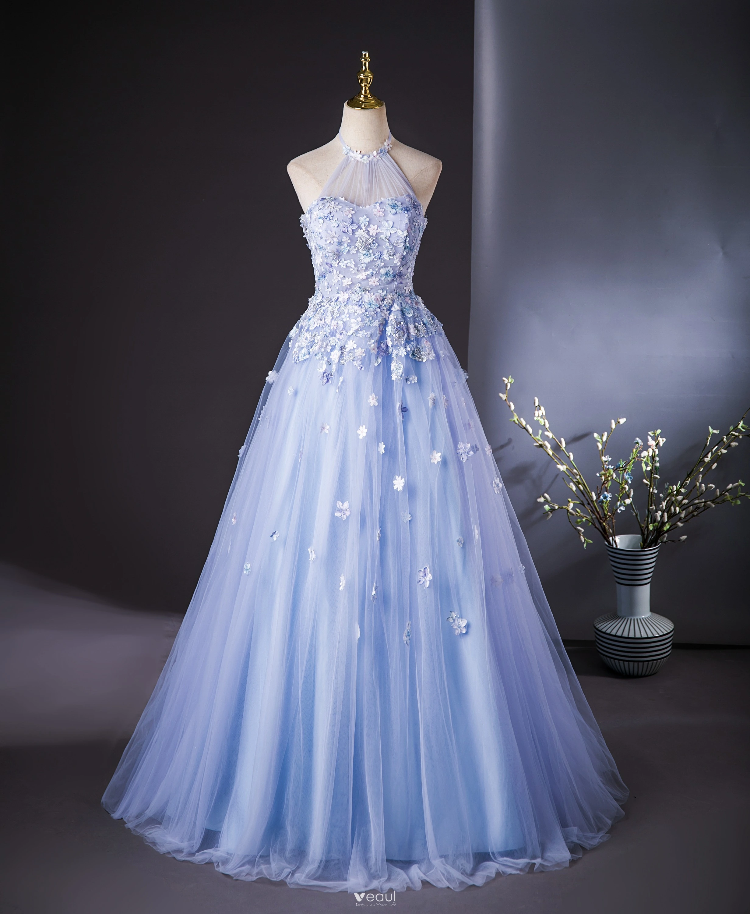 Beauty Blue Color Appliques Prom Dresses, A-line Flower Prom Dresses