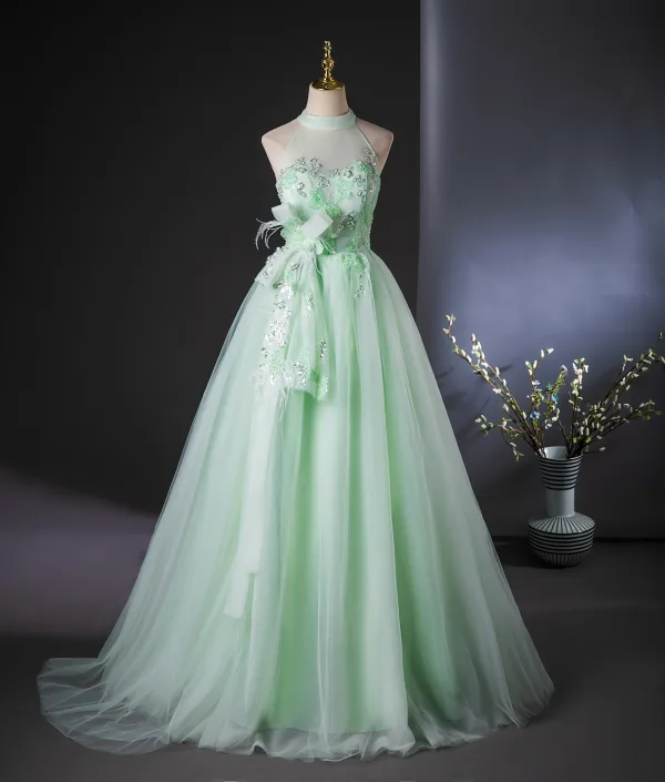 Chic / Beautiful Sage Green Beading Pearl Sequins Bow Prom Dresses 2024 Ball Gown High Neck Sleeveless Backless Floor-Length / Long Prom Formal Dresses