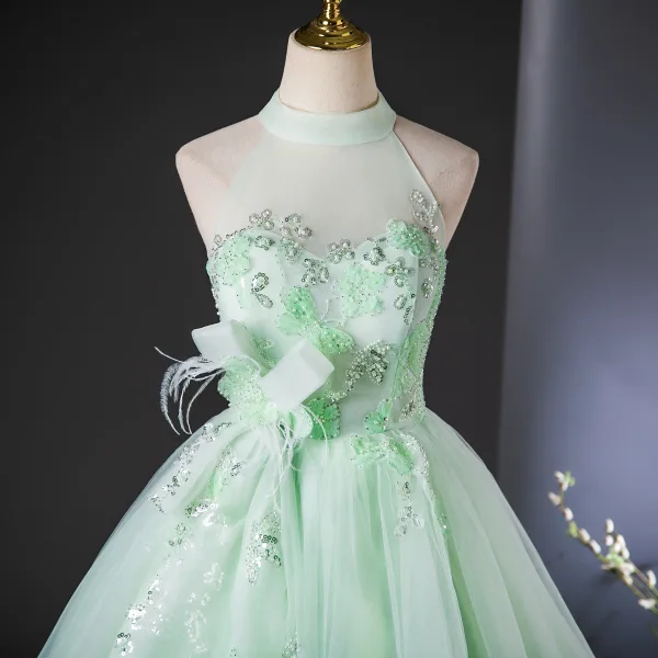 Chic / Beautiful Sage Green Beading Pearl Sequins Bow Prom Dresses 2024 Ball Gown High Neck Sleeveless Backless Floor-Length / Long Prom Formal Dresses