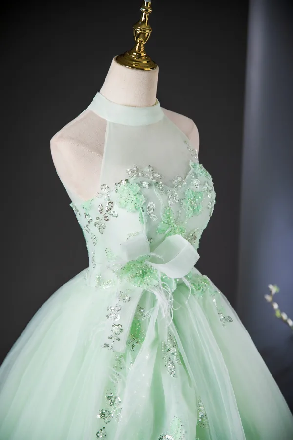 Chic / Beautiful Sage Green Beading Pearl Sequins Bow Prom Dresses 2024 Ball Gown High Neck Sleeveless Backless Floor-Length / Long Prom Formal Dresses