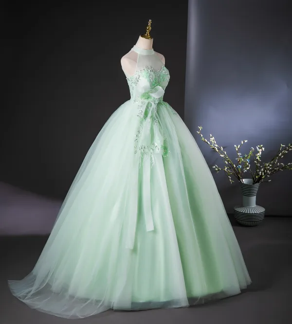 Chic / Beautiful Sage Green Beading Pearl Sequins Bow Prom Dresses 2024 Ball Gown High Neck Sleeveless Backless Floor-Length / Long Prom Formal Dresses