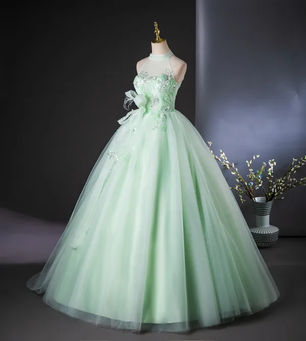 Chic / Beautiful Sage Green Beading Pearl Sequins Bow Prom Dresses 2024 Ball Gown High Neck Sleeveless Backless Floor-Length / Long Prom Formal Dresses