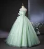 Chic / Beautiful Sage Green Beading Pearl Sequins Bow Prom Dresses 2024 Ball Gown High Neck Sleeveless Backless Floor-Length / Long Prom Formal Dresses
