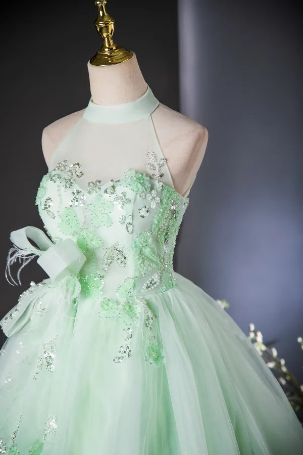 Chic / Beautiful Sage Green Beading Pearl Sequins Bow Prom Dresses 2024 Ball Gown High Neck Sleeveless Backless Floor-Length / Long Prom Formal Dresses