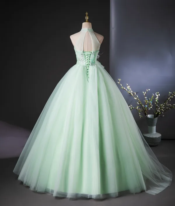 Chic / Beautiful Sage Green Beading Pearl Sequins Bow Prom Dresses 2024 Ball Gown High Neck Sleeveless Backless Floor-Length / Long Prom Formal Dresses