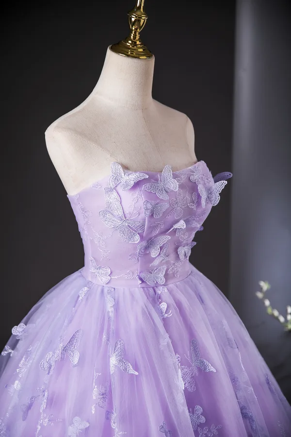 Chic / Beautiful Lavender Lace Butterfly Prom Dresses 2024 Ball Gown Strapless Sleeveless Backless Floor-Length / Long Prom Formal Dresses