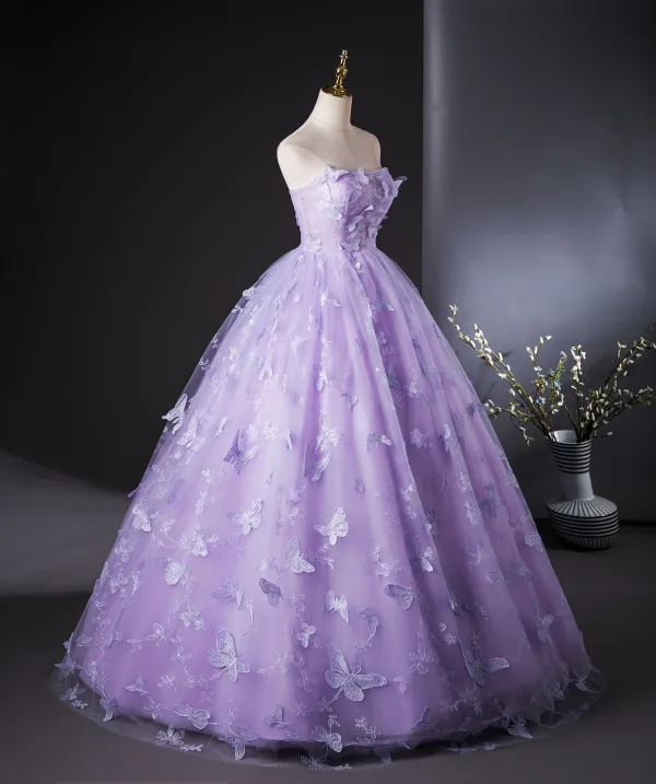 Chic / Beautiful Lavender Lace Butterfly Prom Dresses 2024 Ball Gown Strapless Sleeveless Backless Floor-Length / Long Prom Formal Dresses