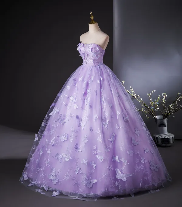 Chic / Beautiful Lavender Lace Butterfly Prom Dresses 2024 Ball Gown Strapless Sleeveless Backless Floor-Length / Long Prom Formal Dresses