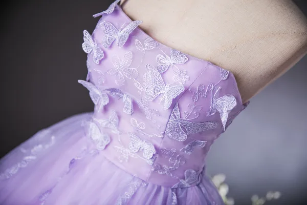 Chic / Beautiful Lavender Lace Butterfly Prom Dresses 2024 Ball Gown Strapless Sleeveless Backless Floor-Length / Long Prom Formal Dresses