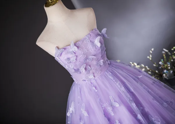 Chic / Beautiful Lavender Lace Butterfly Prom Dresses 2024 Ball Gown Strapless Sleeveless Backless Floor-Length / Long Prom Formal Dresses