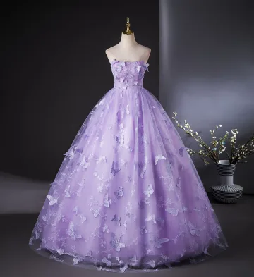 Chic Belle Lavande En Dentelle Papillon Robe De Bal 2024 Robe Boule Bustier Sans Manches Dos Nu Longue Promo Robe De Ceremonie