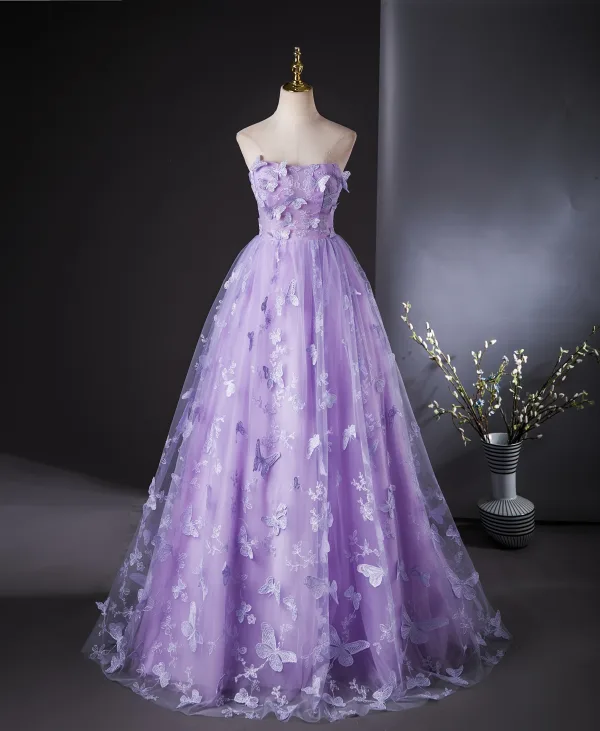 Chic / Beautiful Lavender Lace Butterfly Prom Dresses 2024 Ball Gown Strapless Sleeveless Backless Floor-Length / Long Prom Formal Dresses